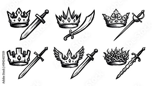 Collection of hand-drawn crown and sword icons in a sketchy, black ink style, representing royalty, power, and medieval fantasy themes for heraldic design elements