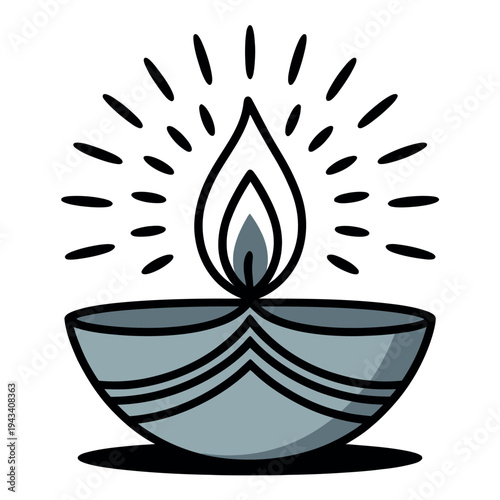 A traditional diya lamp with a flame and radiating lines on a white background