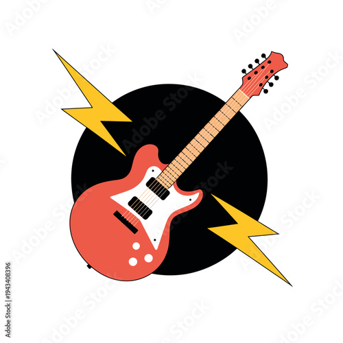 A red electric guitar with lightning bolts on a black circle background