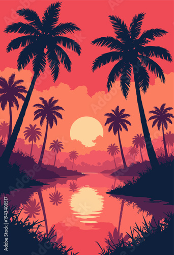 Backwaters Alleppey Coconut palm trees silhouetted as perfectly straight, spiky black columns against deep red sunset Still, reflective water Minimalist landscape Blank space