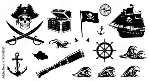 Pirate Adventure Silhouette Icon Set Skull Ship Treasure Vector Isolated on White