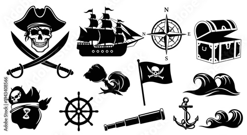 Pirate Adventure Silhouette Icon Set Skull Ship Treasure Vector Isolated on White