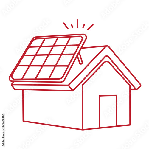Red line drawing of a house with a solar panel on the roof for renewable energy and sustainability concepts  eco friendly home
