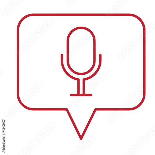 Red line icon of a microphone in a speech bubble for voice message or recording concept