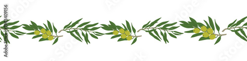 Vintage olive branch border strip with leaves and fruit. Hand drawn Mediterranean ornament inspired by Greek and Italian olive groves. Retro botanical border, natural organic food design isolated