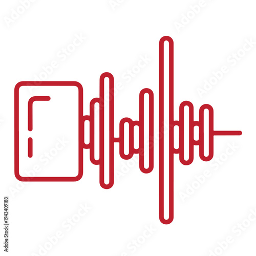 Red line icon of a smart phone with sound waves coming out of it for audio or music concept