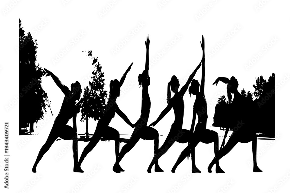 Fototapeta premium Yoga Warrior II Pose Flow Group Class Strength Energy Park Sunrise Fitness Concept Black Vector Silhouette