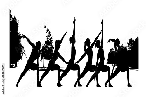 Yoga Warrior II Pose Flow Group Class Strength Energy Park Sunrise Fitness Concept Black Vector Silhouette