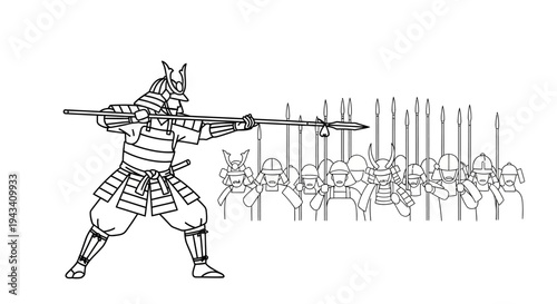 Samurai Warrior with Spear Facing Army of Soldiers, Historical Japanese Battle Scene