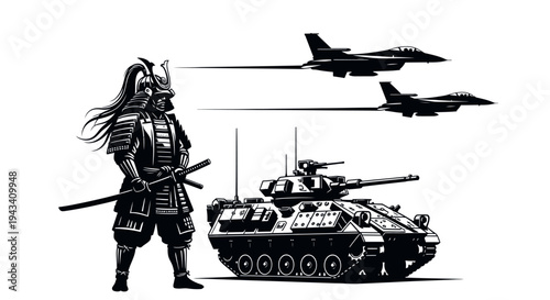 Samurai Warrior, Modern Tank, and Fighter Jets: A Blend of Past and Future Warfare