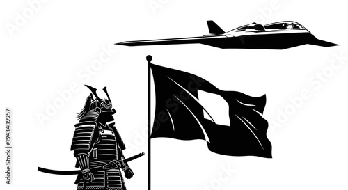 Samurai Warrior, Stealth Jet, and Waving Flag: East Meets West, Tradition Meets Modernity