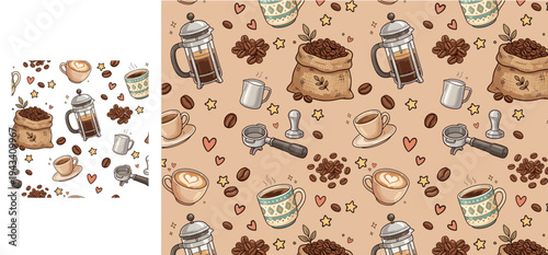 Seamless pattern vector coffee pattern with french press, portafilter, coffee beans in sack, and latte art cups, cozy illustration for cafe branding and kitchen decor in warm vintage colors
