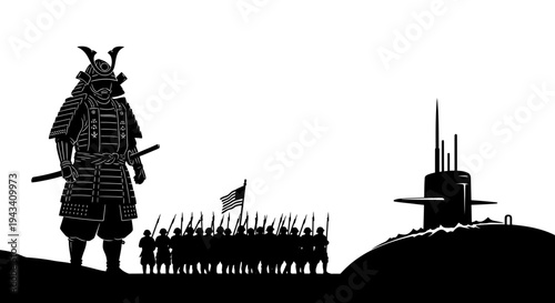 Samurai Warrior, Soldiers, and Submarine: Historical and Modern Military Contrast