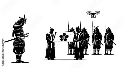 Samurai warriors with drone and flag, tradition meets future technology