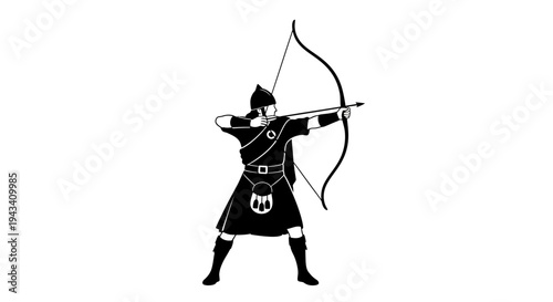 Scottish Archer Silhouette: Warrior Aiming Bow and Arrow in Traditional Kilt