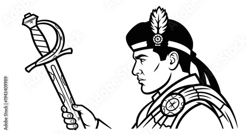 Scottish Highlander Warrior Holding Broadsword, Military Uniform, Feathered Bonnet