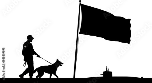 Security guard with dog patrol near submarine and flag