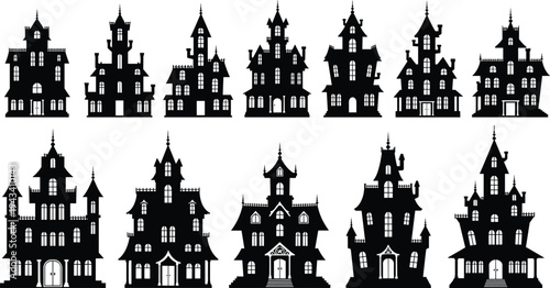 Haunted house silhouette set featuring gothic mansions and spooky castles with towers and crooked roofs for Halloween holiday party and mystery horror design