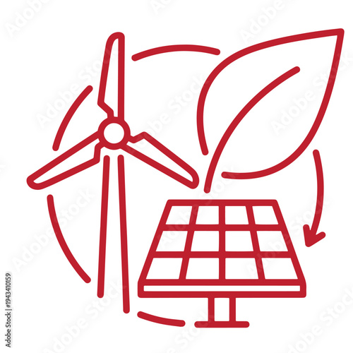 Renewable energy sources  wind turbine and solar panel with leaf  sustainable power generation  eco friendly icon