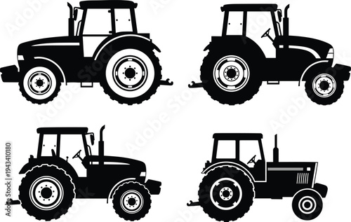 Farm tractor silhouette set featuring various agricultural machinery models for farming industry agribusiness land cultivation and rural transport concepts in black and white