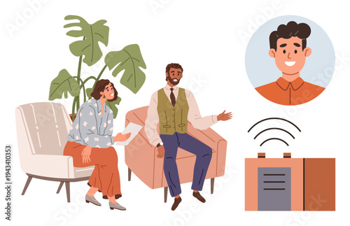 Teletherapy, video conferencing, counseling, remote communication, mental health, consultation. Two people in a meeting setting with a video call interface. Teletherapy and video conferencing