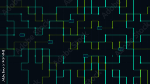 Abstract Technology Network Background with Glowing Cyan and Lime Green Circuit Lines