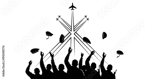 Silhouette Crowd Cheering Airplanes Performing Aerobatic Maneuvers, Hats Tossed in Air