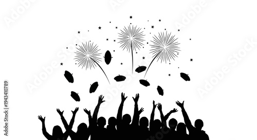 Silhouette Crowd Cheering Fireworks Celebration Party Night Sky