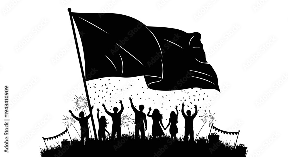 Obraz premium Silhouette of diverse people celebrating with a black flag and confetti under fireworks