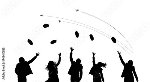 Silhouette of people throwing footballs in the air, celebrating success, teamwork, and achievement.