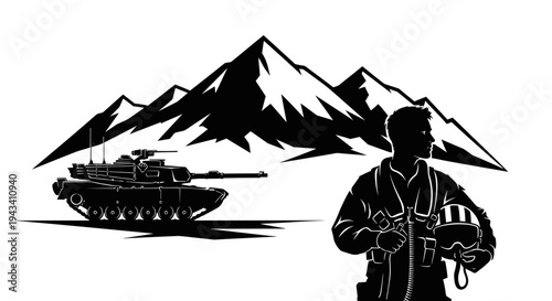 Silhouette of Soldier and Tank in Mountains