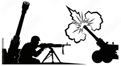 Silhouette of soldier firing machine gun and artillery cannon firing with explosion