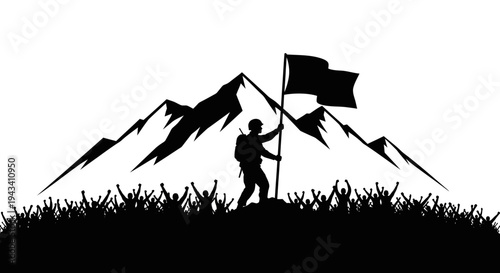 Silhouette of Soldier Planting Flag on Mountain Peak with Cheering Crowd Below