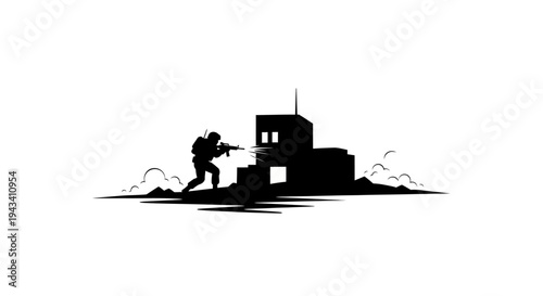 Silhouette of Soldier in Combat Firing Rifle Near Building with Smoke
