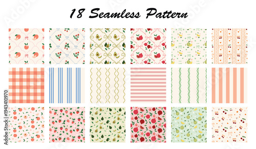 Summer Coquette Fruit and Bow Seamless Pattern. Cute Hand Drawn Ribbon Vintage Background with Cherry, Strawberry, Peach, Avocado, Pomegranate, Melon. Perfect for Fabric, Wrapping Paper, Wallpaper