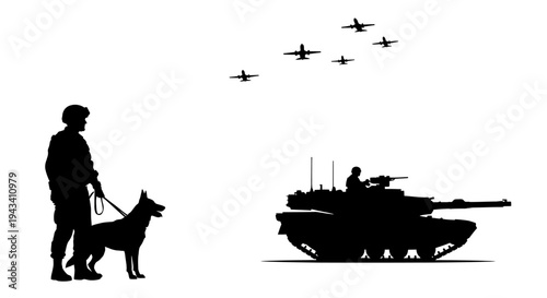 Silhouette of soldier with dog, tank, and fighter jets in formation