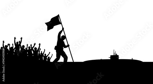 Silhouette of soldier with flag and cheering crowd celebrating victory near submarine