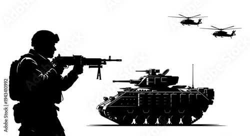 Silhouette of soldier with machine gun, tank, and helicopters in combat scene