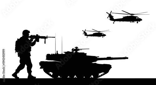 Silhouette of Soldier with Rifle, Tank, and Helicopters in Combat Formation