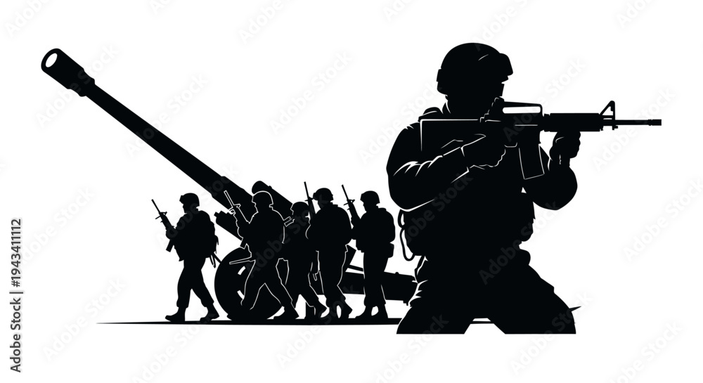 Obraz premium Silhouette of soldiers with artillery gun, military operation, war, army, defense, conflict, combat