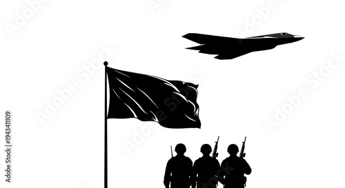 Silhouette of soldiers, flag, and fighter jet against white background