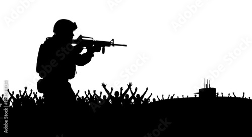 Silhouette Soldier Aiming Rifle Over Crowd With Submarine On Hill