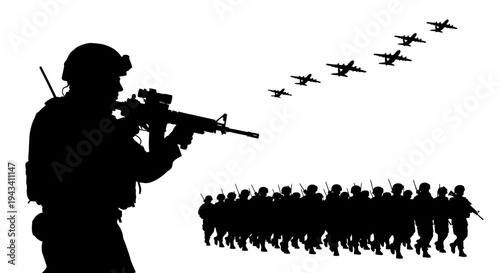 Silhouette Soldier Aiming Rifle, Army Marching, Airplanes Flying Formation