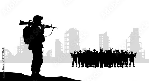 Silhouette Soldier Standing Guard Over Destroyed Cityscape with Troops