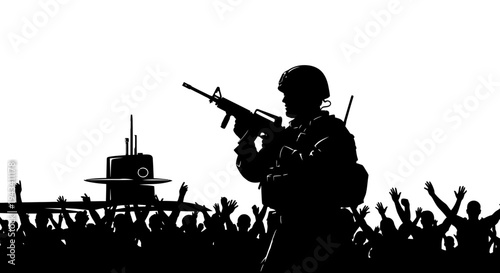 Silhouette Soldier with Gun and Submarine, Crowd Cheering