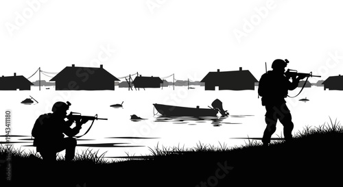 Silhouette Soldiers in Floodwaters, Military Operation in Flooded Village