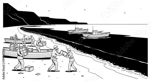 Smugglers unloading cargo from boats on a dark, rocky shore at night