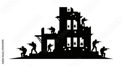 Silhouette Soldiers in Ruined Building, Combat Scene