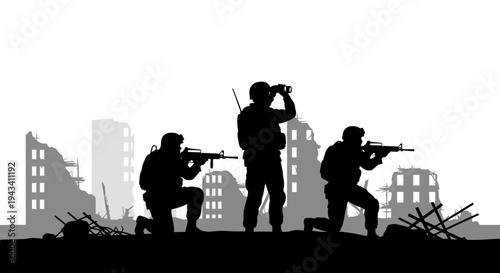 Silhouette soldiers in war-torn city, tactical mission, urban combat, destruction