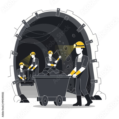 Miners working in a dark coal mine, pushing a cart full of coal